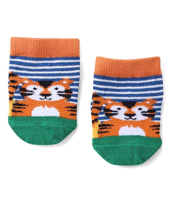 Cute Walk by Babyhug Anti Skid Ankle Length Antibacterial Knitted Striped & Animal Design Socks Pack Of 3 - Orange Blue & Green