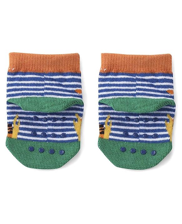 Cute Walk by Babyhug Anti Skid Ankle Length Antibacterial Knitted Striped & Animal Design Socks Pack Of 3 - Orange Blue & Green
