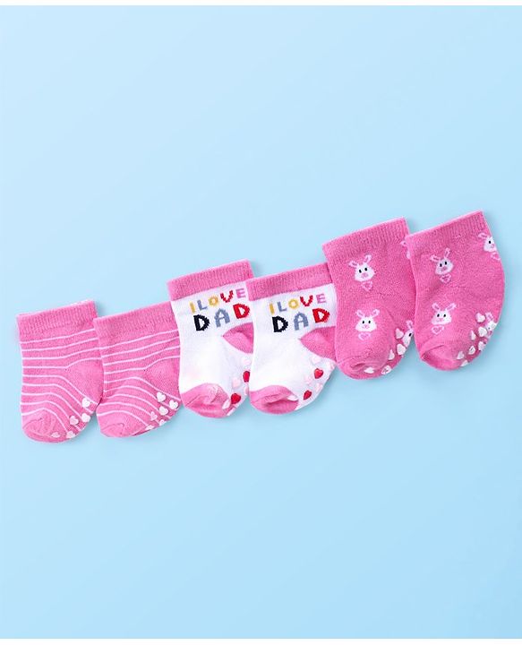 Cute Walk by Babyhug Anti Skid Ankle Length Antibacterial Knitted Striped & Text Design Socks Pack Of 3 - Pink & White