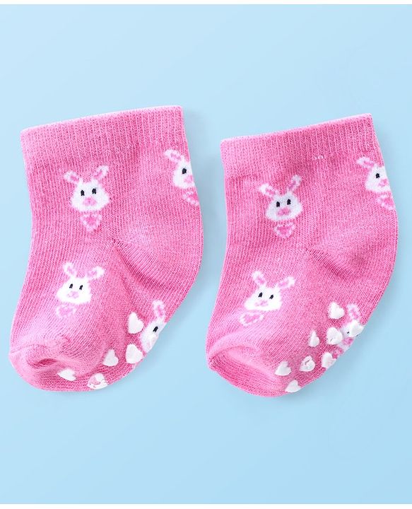 Cute Walk by Babyhug Anti Skid Ankle Length Antibacterial Knitted Striped & Text Design Socks Pack Of 3 - Pink & White