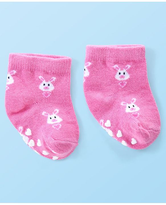 Cute Walk by Babyhug Anti Skid Ankle Length Antibacterial Knitted Striped & Text Design Socks Pack Of 3 - Pink & White
