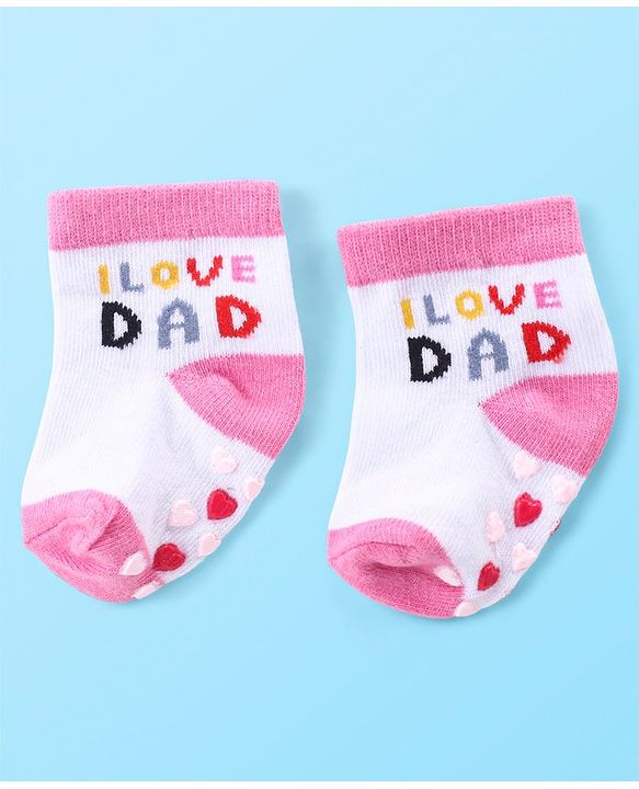 Cute Walk by Babyhug Anti Skid Ankle Length Antibacterial Knitted Striped & Text Design Socks Pack Of 3 - Pink & White