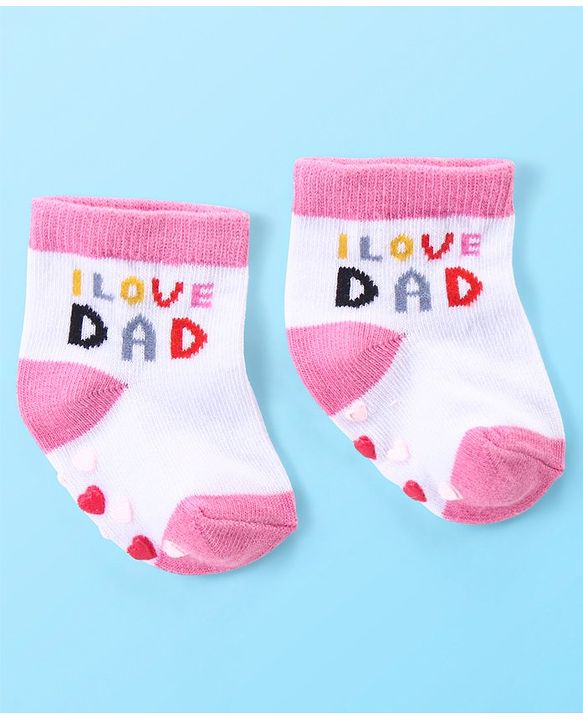 Cute Walk by Babyhug Anti Skid Ankle Length Antibacterial Knitted Striped & Text Design Socks Pack Of 3 - Pink & White
