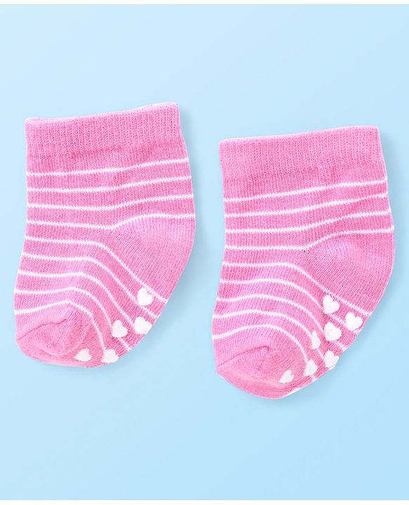 Cute Walk by Babyhug Anti Skid Ankle Length Antibacterial Knitted Striped & Text Design Socks Pack Of 3 - Pink & White