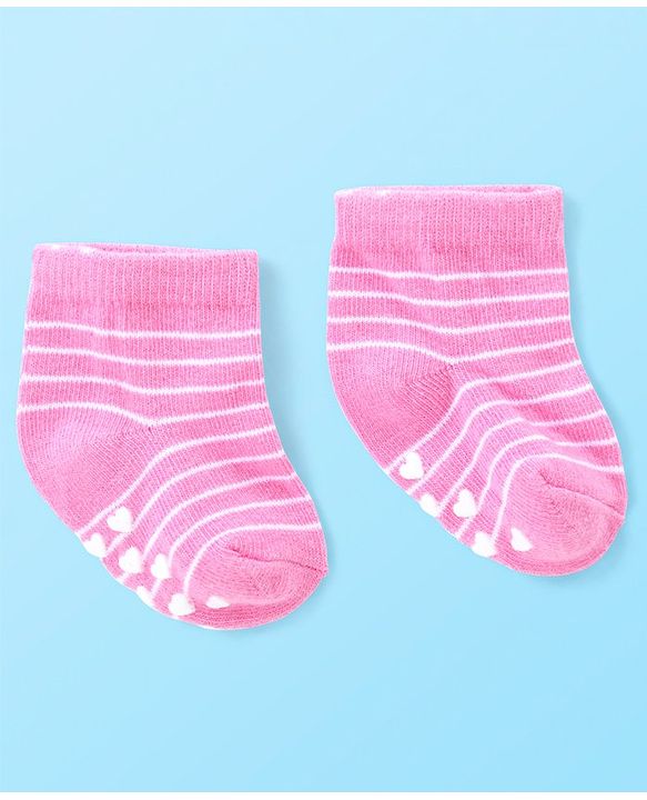Cute Walk by Babyhug Anti Skid Ankle Length Antibacterial Knitted Striped & Text Design Socks Pack Of 3 - Pink & White