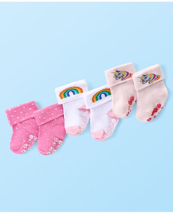 Cute Walk by Babyhug Anti Skid Ankle Length Antibacterial Knitted Polka Dots & Animal Design Socks Pack Of 3 - Pink Peach & White