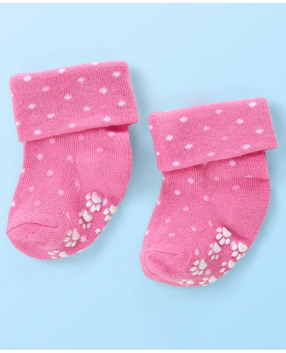 Cute Walk by Babyhug Anti Skid Ankle Length Antibacterial Knitted Polka Dots & Animal Design Socks Pack Of 3 - Pink Peach & White