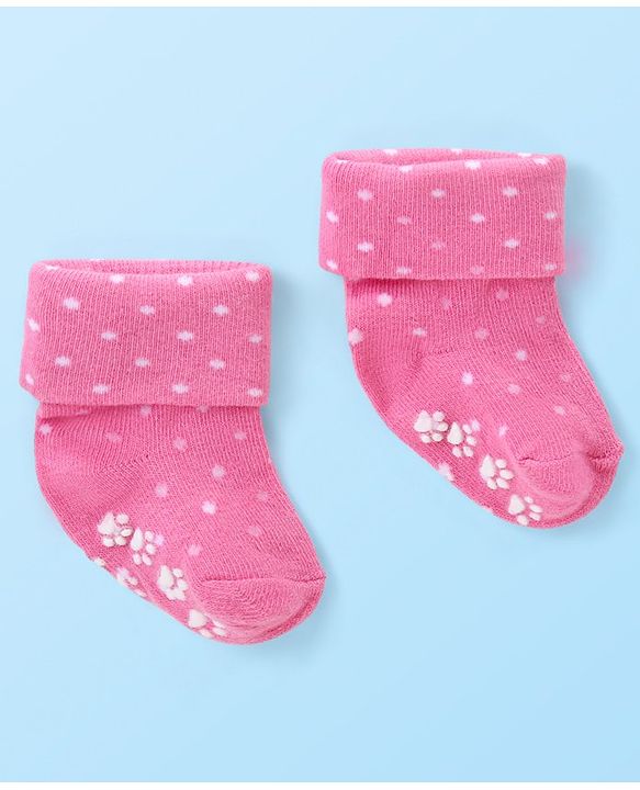 Cute Walk by Babyhug Anti Skid Ankle Length Antibacterial Knitted Polka Dots & Animal Design Socks Pack Of 3 - Pink Peach & White