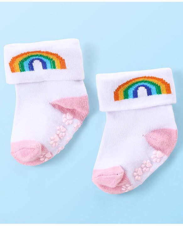 Cute Walk by Babyhug Anti Skid Ankle Length Antibacterial Knitted Polka Dots & Animal Design Socks Pack Of 3 - Pink Peach & White
