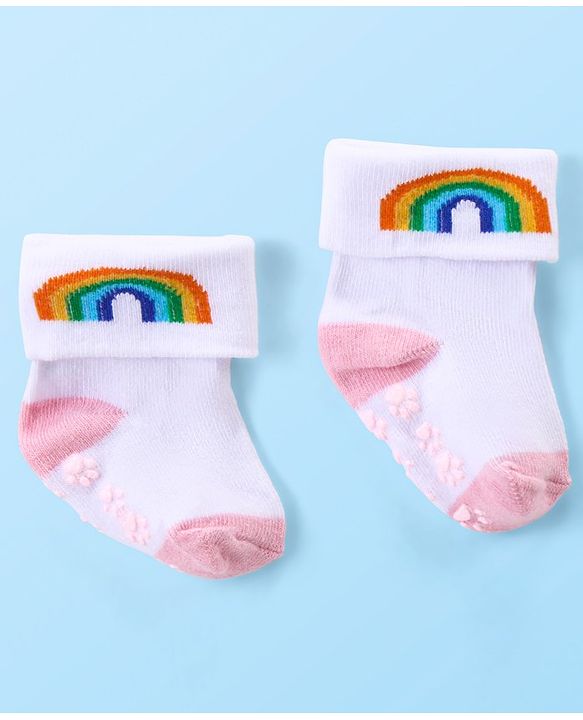 Cute Walk by Babyhug Anti Skid Ankle Length Antibacterial Knitted Polka Dots & Animal Design Socks Pack Of 3 - Pink Peach & White