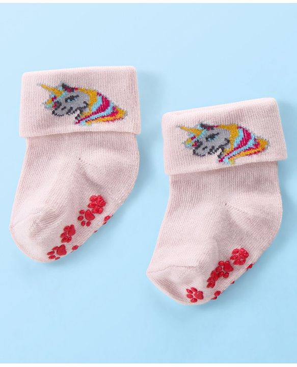 Cute Walk by Babyhug Anti Skid Ankle Length Antibacterial Knitted Polka Dots & Animal Design Socks Pack Of 3 - Pink Peach & White