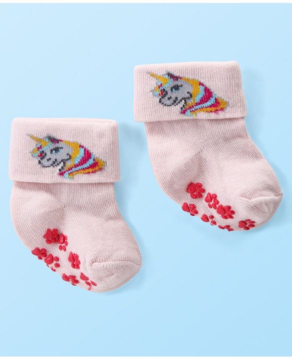 Cute Walk by Babyhug Anti Skid Ankle Length Antibacterial Knitted Polka Dots & Animal Design Socks Pack Of 3 - Pink Peach & White