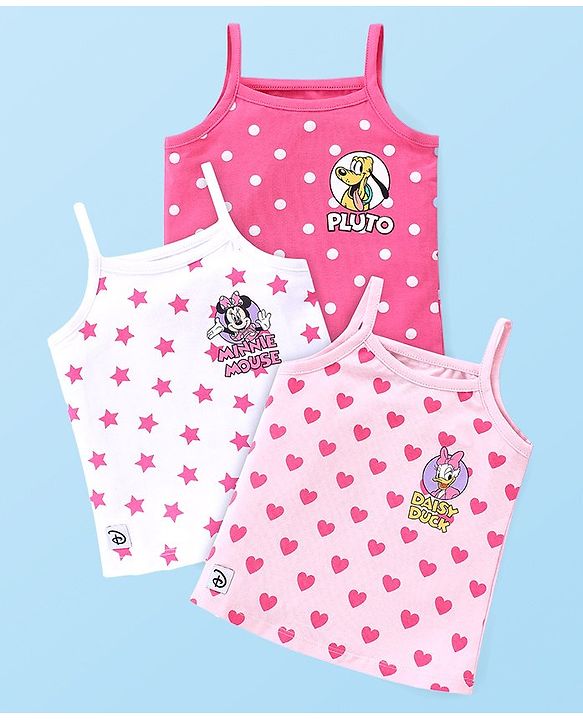 Babyhug Disney Cotton Lycra Knit Singlet Sleeves Slips With Minnie Mouse & Friends Graphics Pack of 3 - Pink & White