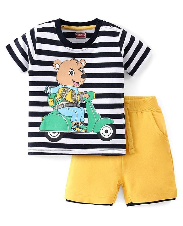 Babyhug Cotton Knit Half Sleeves Striped T-Shirt & Shorts Set With Bear Print - Multicolor