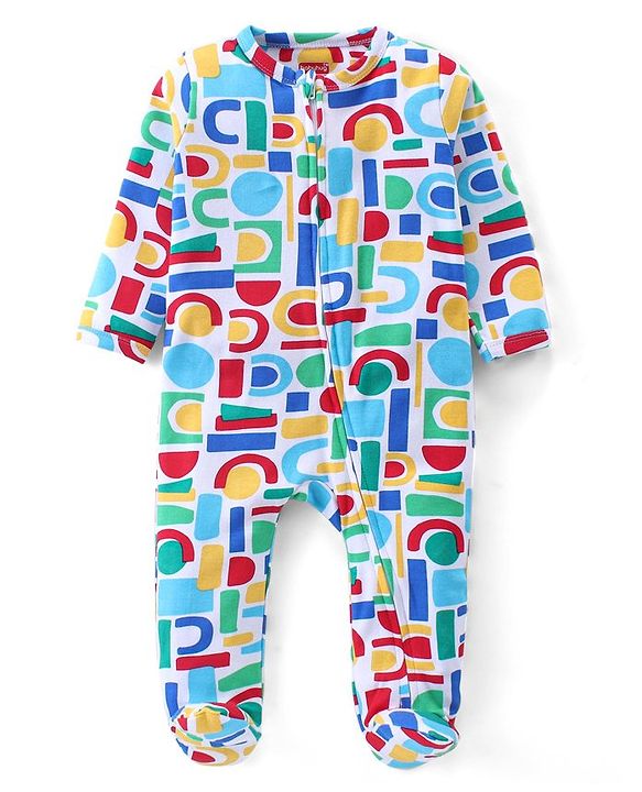 Babyhug Cotton Knit Full Sleeves Footed Sleep Suit with Abstract Print - White