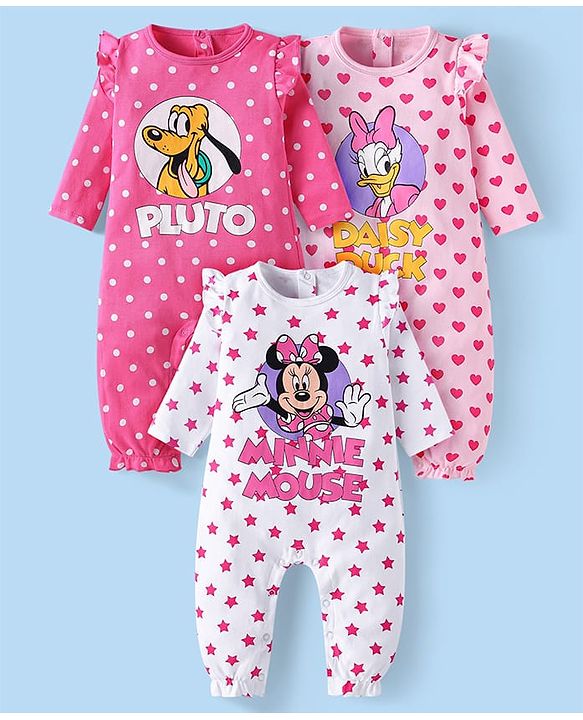 Babyhug Disney Interlock Knit Full Sleeves Polka Dots & Minnie Mouse & Friends Printed Romper with Frill Detailing Pack of 3 - Pink & White