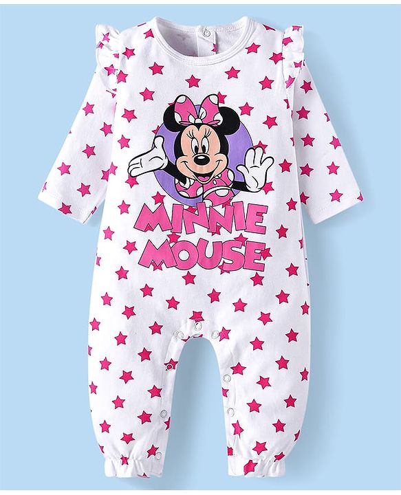 Babyhug Disney Interlock Knit Full Sleeves Polka Dots & Minnie Mouse & Friends Printed Romper with Frill Detailing Pack of 3 - Pink & White