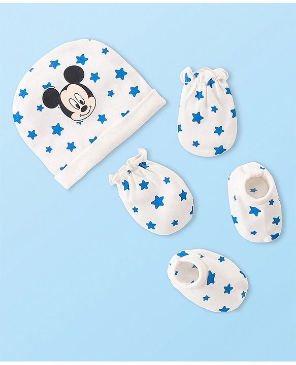 Babyhug Disney Interlock Knit Cap Mittens & Booties Set Mickey Mouse & Star Printed - White
