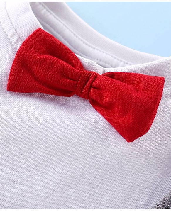 Babyhug Cotton Knit Half Sleeves T-Shirt With Bow &  Attached Waist Coat & Shorts Set - White & Grey