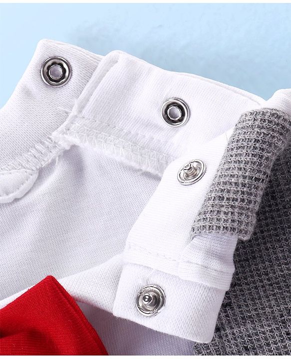 Babyhug Cotton Knit Half Sleeves T-Shirt With Bow &  Attached Waist Coat & Shorts Set - White & Grey