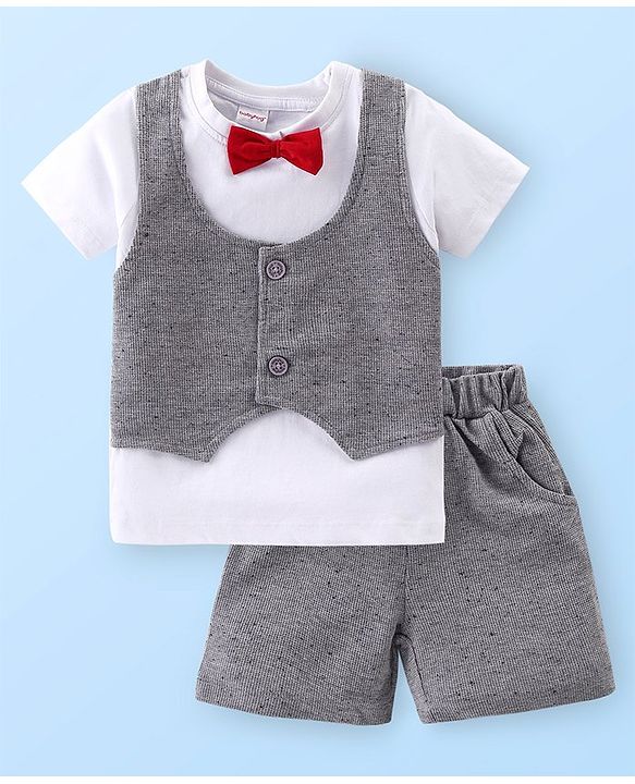 Babyhug Cotton Knit Half Sleeves T-Shirt With Bow &  Attached Waist Coat & Shorts Set - White & Grey