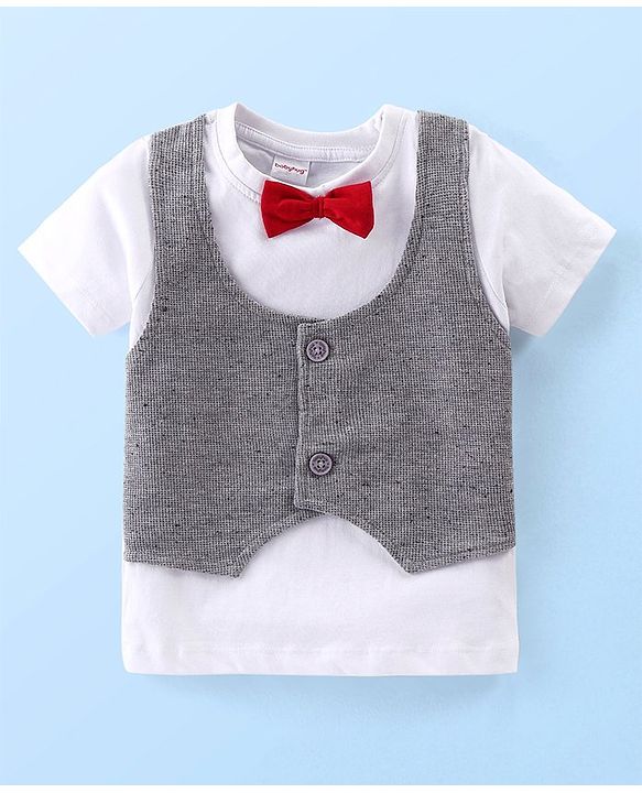 Babyhug Cotton Knit Half Sleeves T-Shirt With Bow &  Attached Waist Coat & Shorts Set - White & Grey