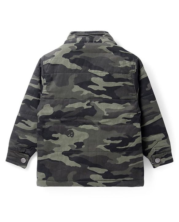 Pine Kids Woven Full Sleeves Hooded Front Open Sweatjacket with Camouflage Design - Olive Green