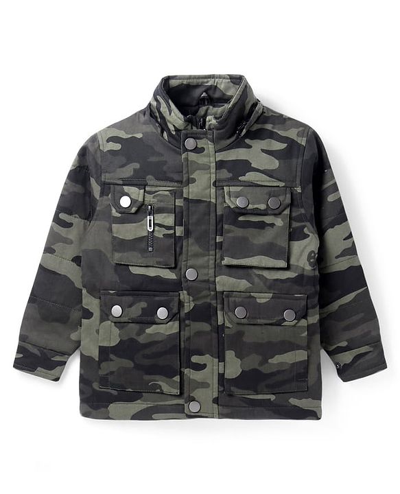 Pine Kids Woven Full Sleeves Hooded Front Open Sweatjacket with Camouflage Design - Olive Green