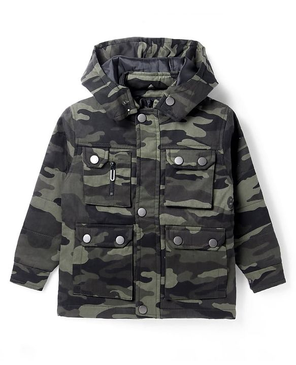 Pine Kids Woven Full Sleeves Hooded Front Open Sweatjacket with Camouflage Design - Olive Green