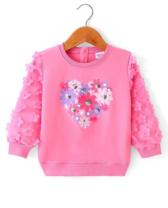 Babyhug Knit Full Sleeves Sweatshirt With Floral Graphics & Mesh Detailing - Pink