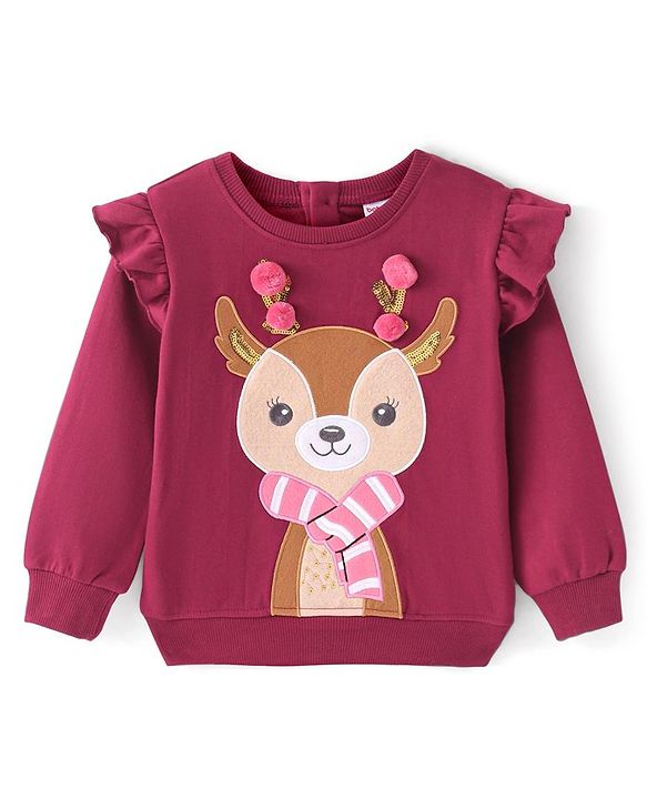 Babyhug Disney Cotton Knit Full Sleeves High Neck Sweatshirt With Reindeer Patch & Pom Pom Detailing - Maroon