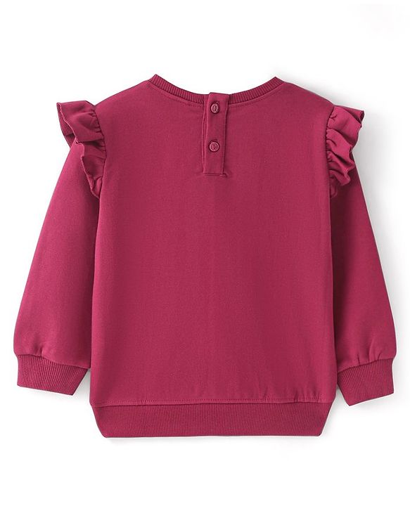 Babyhug Disney Cotton Knit Full Sleeves High Neck Sweatshirt With Reindeer Patch & Pom Pom Detailing - Maroon