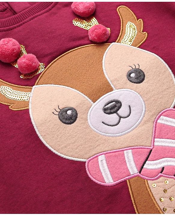 Babyhug Disney Cotton Knit Full Sleeves High Neck Sweatshirt With Reindeer Patch & Pom Pom Detailing - Maroon