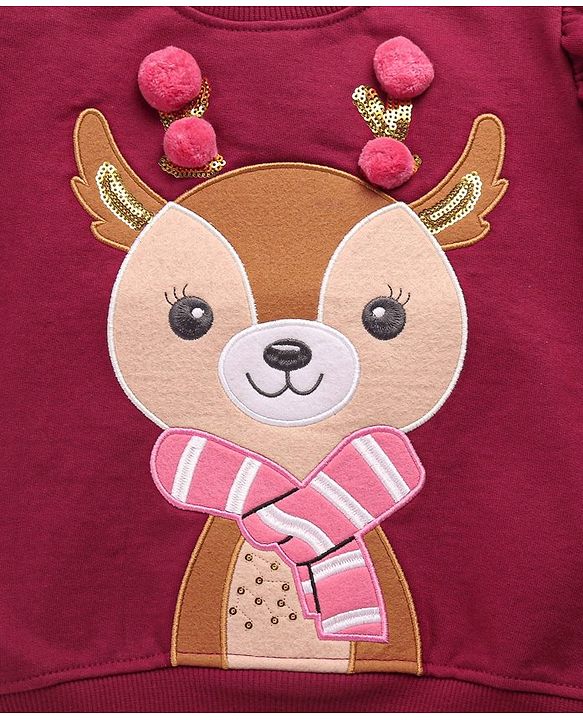 Babyhug Disney Cotton Knit Full Sleeves High Neck Sweatshirt With Reindeer Patch & Pom Pom Detailing - Maroon