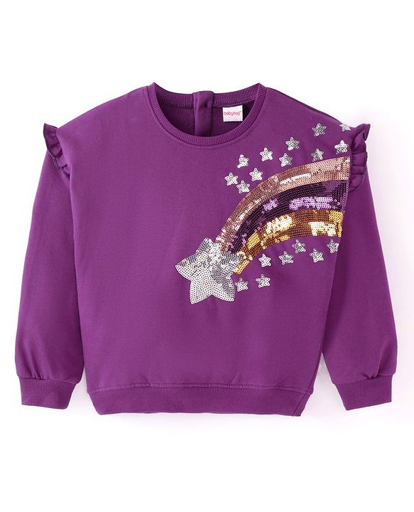 Babyhug Cotton Knit Full Sleeves Sweatshirt With Sequined Rainbow & Star Embroidery - Purple