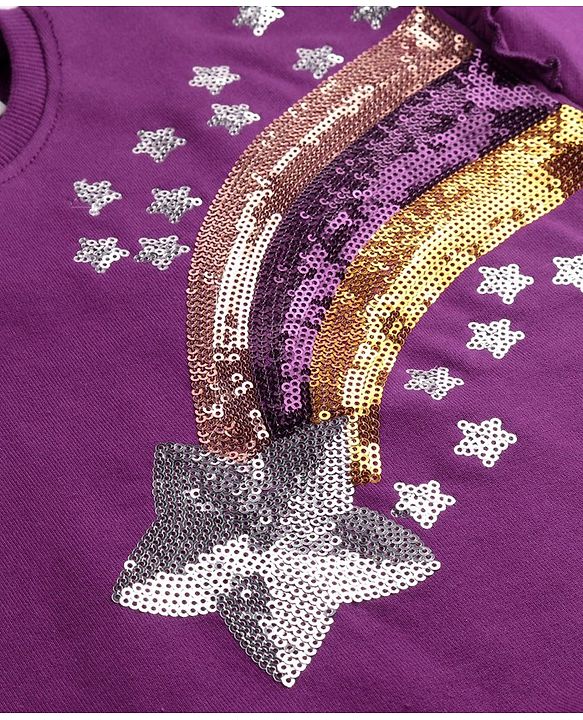 Babyhug Cotton Knit Full Sleeves Sweatshirt With Sequined Rainbow & Star Embroidery - Purple
