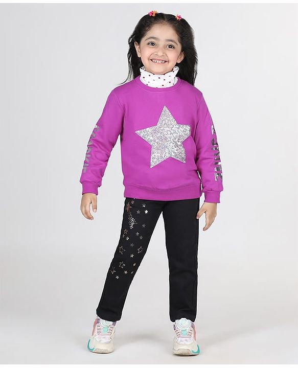 Babyhug 100% Cotton Knit Full Sleeves Sweatshirt with Star Graphics Sequined &  Foil Print - Pink