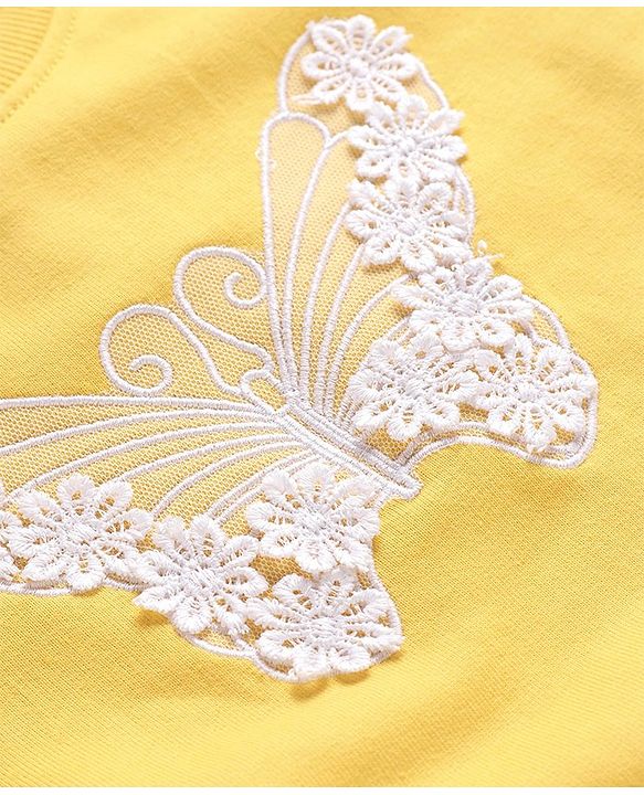 Babyhug 100% Cotton Knit Full Sleeves Sweatshirt with Butterfly Lace Embroidered & Floral  Applique - Yellow