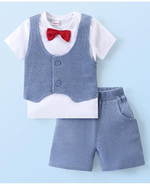 Babyhug Single Jersey Knit Half Sleeves T-Shirt With Attached Jacket & Shorts Set - White & Light Blue