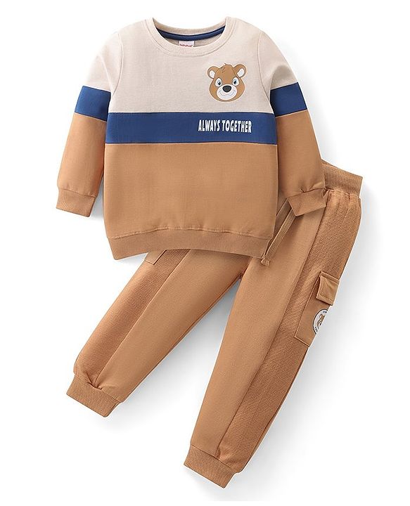 Babyhug Terry Knit Full Sleeves Cut & Sew T-Shirt & Pant Set with Bear & Text  Print - Brown