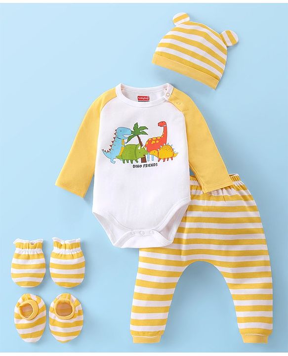 Babyhug 100% Cotton Knit Raglan Full Sleeves  Striped & Dino Printed Onesie with Legging Cap & Mittens Booties Set - Yellow
