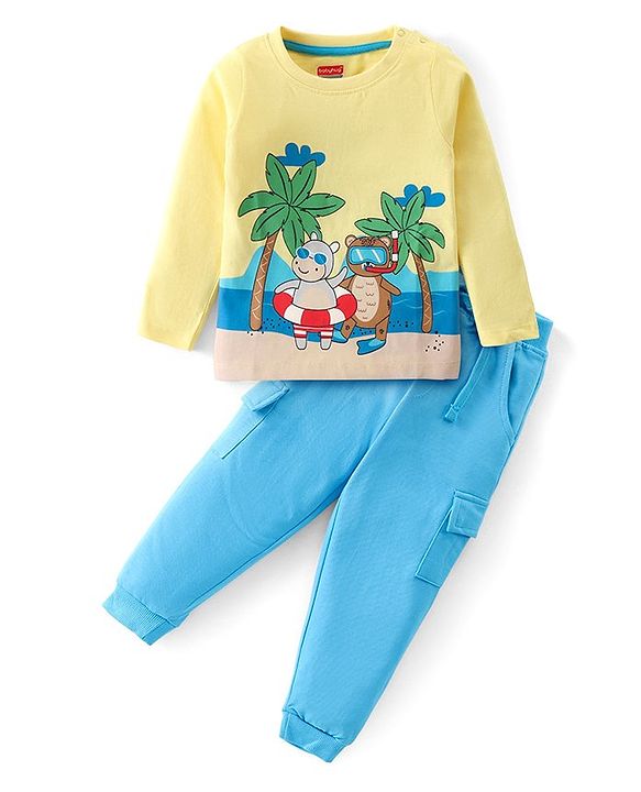 Babyhug Cotton Knit Full Sleeves T-Shirt & Lounge Pants Set With Beach Animals Print - Yellow & Blue