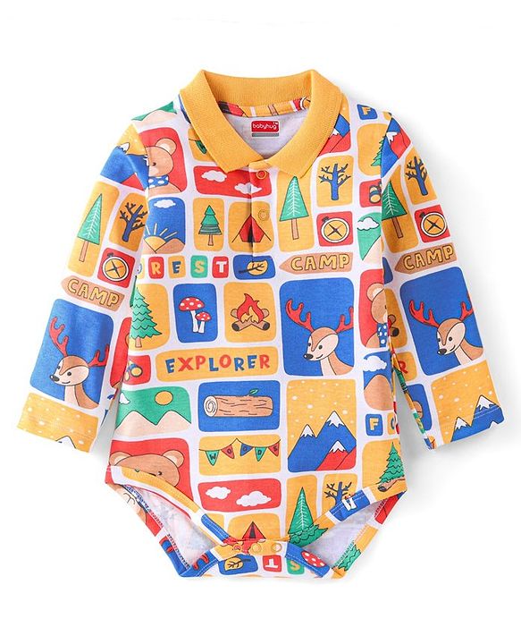 Babyhug 100% Cotton Knit Full Sleeves Onesie with Animal Print - Multicolor