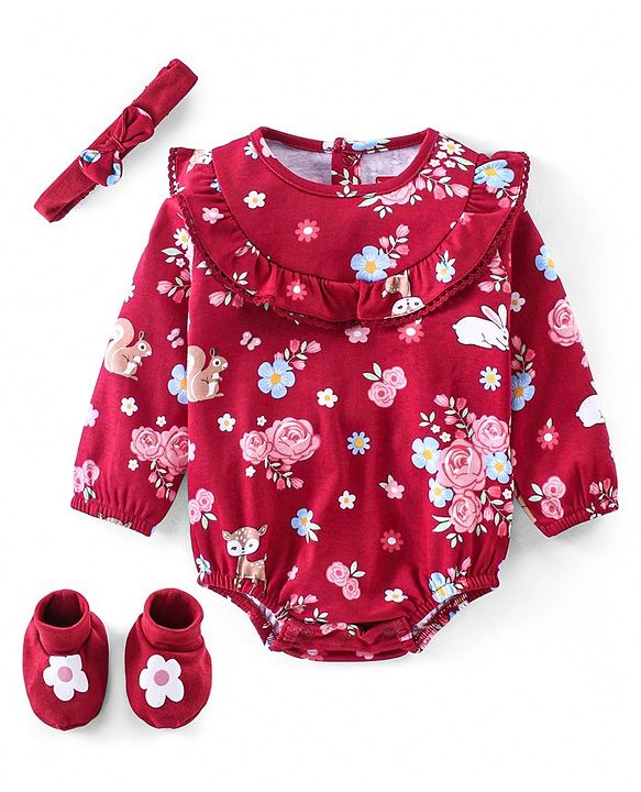 Babyhug 100% Cotton Knit Full Sleeves Onesie With Hairband & Booties Floral Print - Red