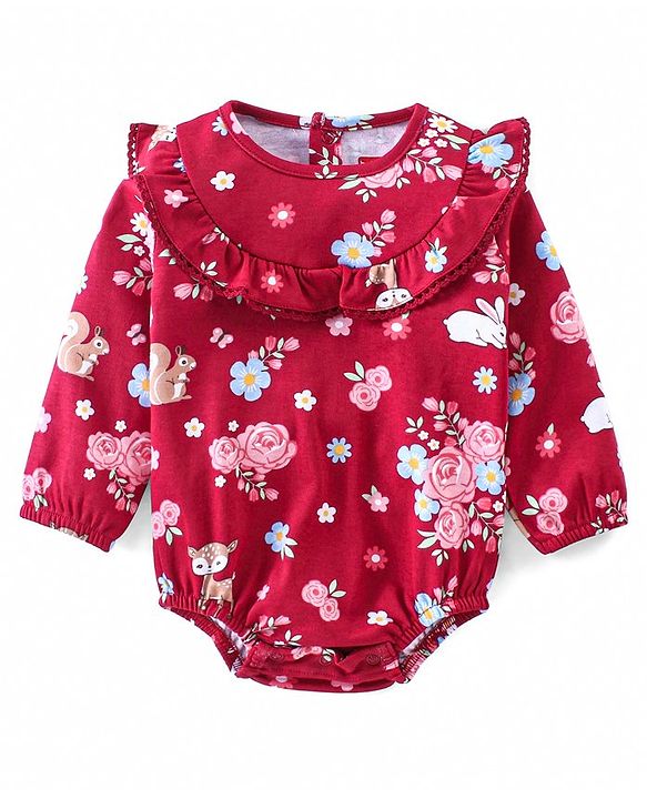 Babyhug 100% Cotton Knit Full Sleeves Onesie With Hairband & Booties Floral Print - Red