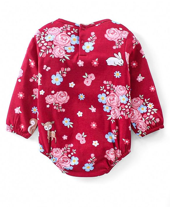 Babyhug 100% Cotton Knit Full Sleeves Onesie With Hairband & Booties Floral Print - Red