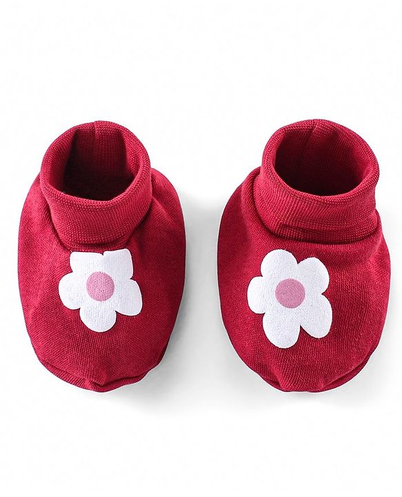 Babyhug 100% Cotton Knit Full Sleeves Onesie With Hairband & Booties Floral Print - Red