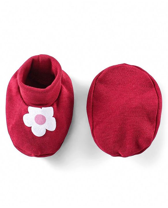 Babyhug 100% Cotton Knit Full Sleeves Onesie With Hairband & Booties Floral Print - Red