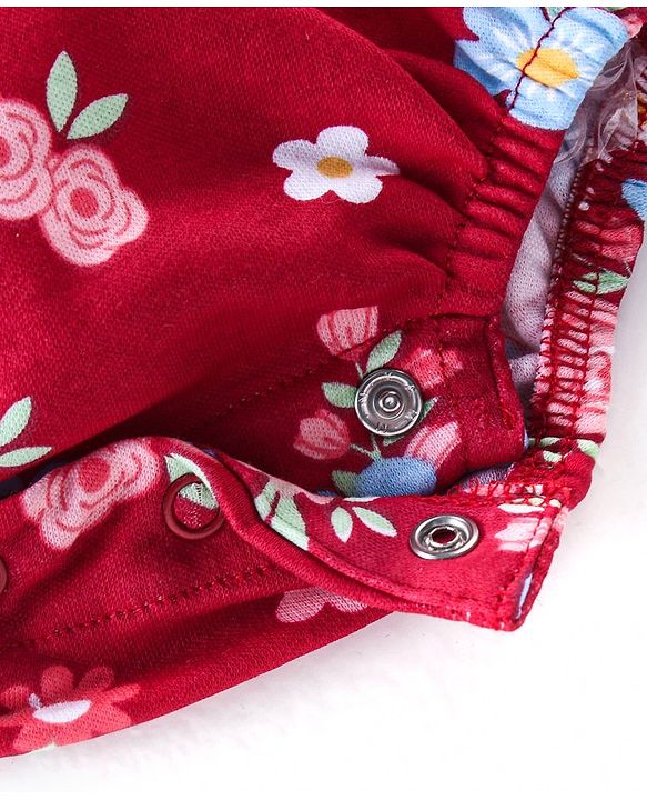 Babyhug 100% Cotton Knit Full Sleeves Onesie With Hairband & Booties Floral Print - Red