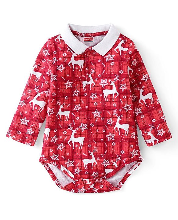 Babyhug 100% Cotton Knit Full Sleeves Onesie with Christmas Theme - Red
